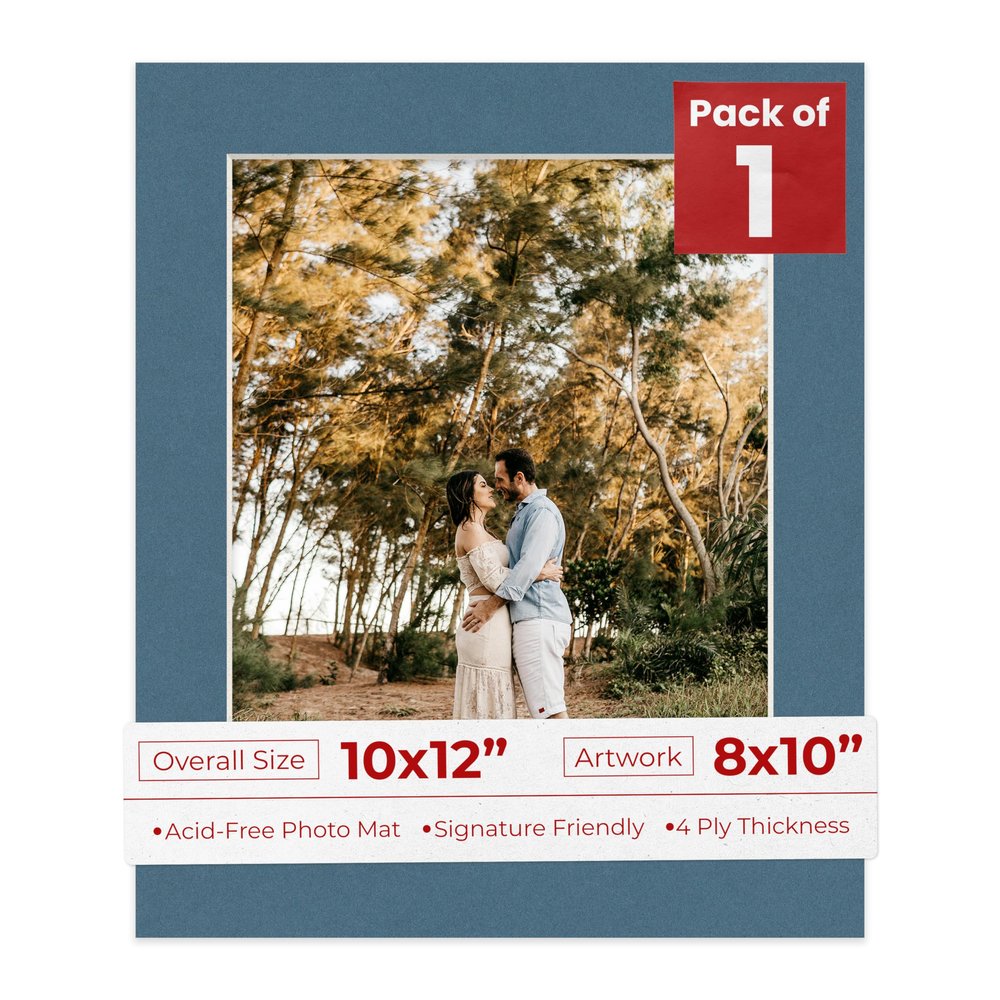 10x12 Mat Bevel Cut for 8x10 Photos - Acid Free Steel Blue Precut Matboard With Backing Board and Crystal Clear, Self Seal Photo Mat Bag - For Pictures, Photos, Framing - 4-ply Thickness