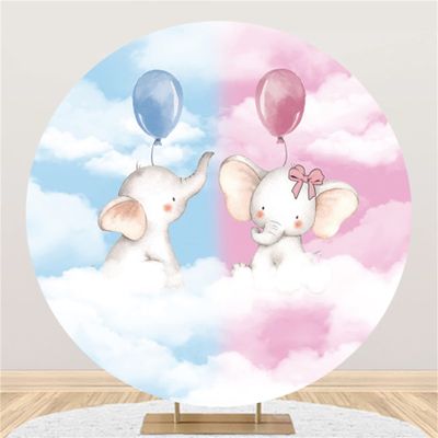 Yeele 6x6ft Elephant Gender Reveal Round Backdrop He or She Blue or Pink Boy or Girl Baby Shower Photography Background Gender Surprise Party Decorations Supplies Photo Booth Studio Banner Props