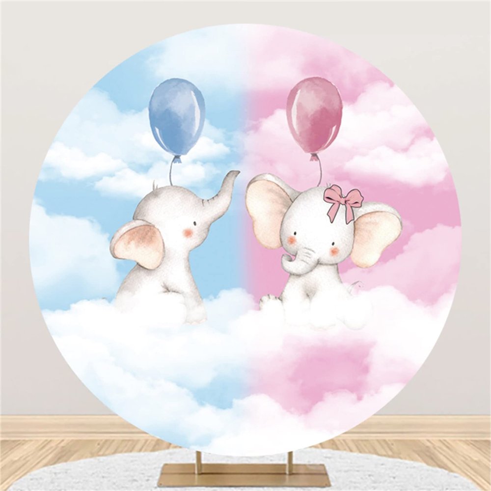 Yeele 6x6ft Elephant Gender Reveal Round Backdrop He or She Blue or Pink Boy or Girl Baby Shower Photography Background Gender Surprise Party Decorations Supplies Photo Booth Studio Banner Props