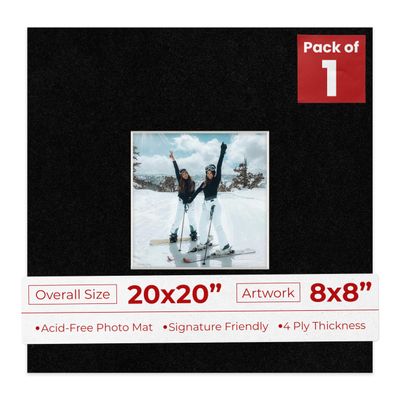 20x20 Mat Bevel Cut for 8x8 Photos - Acid Free Black with Black Core Precut Matboard With Backing Board and Crystal Clear, Self Seal Photo Mat Bag - For Pictures, Photos, Framing - 4-ply Thickness