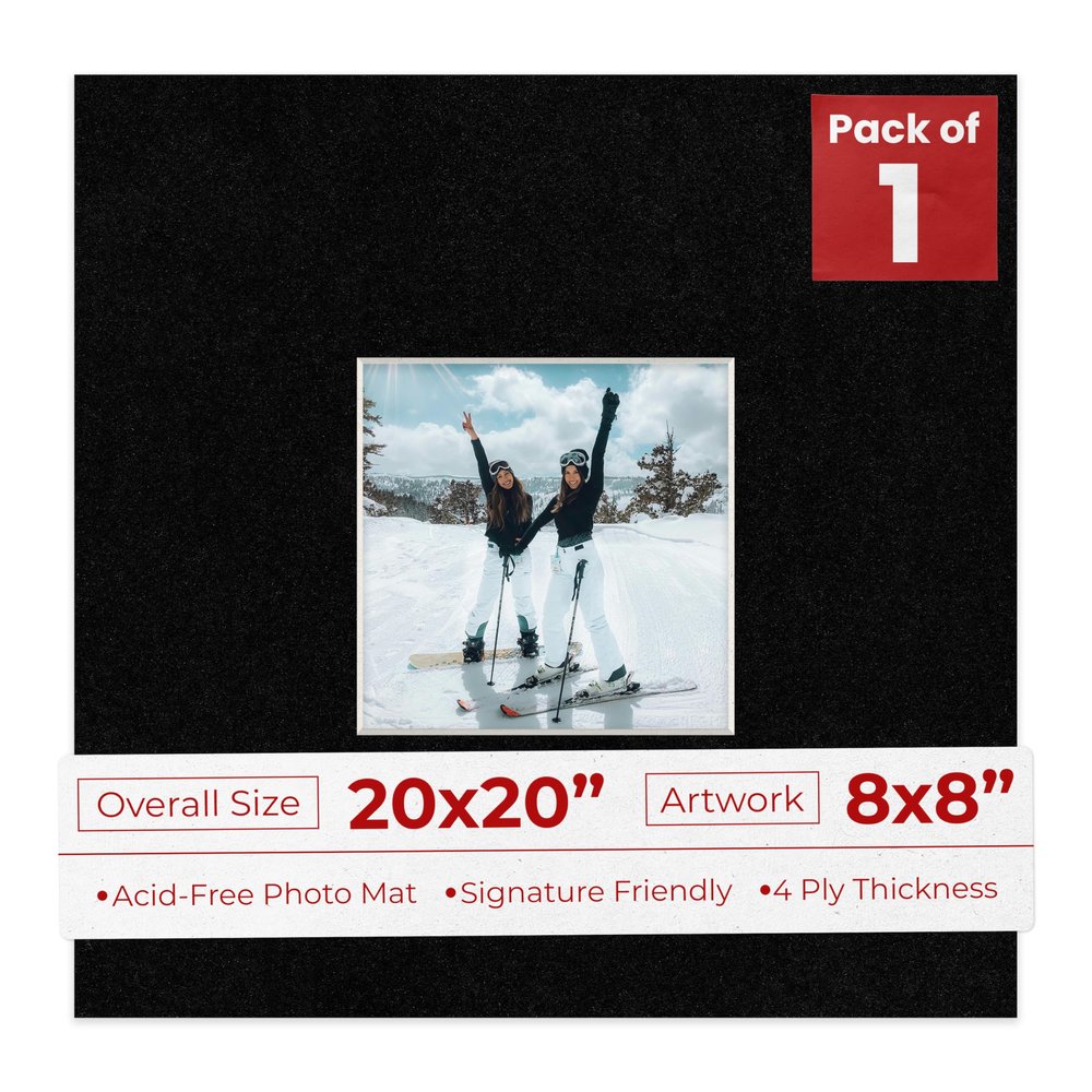 20x20 Mat Bevel Cut for 8x8 Photos - Acid Free Black with Black Core Precut Matboard With Backing Board and Crystal Clear, Self Seal Photo Mat Bag - For Pictures, Photos, Framing - 4-ply Thickness