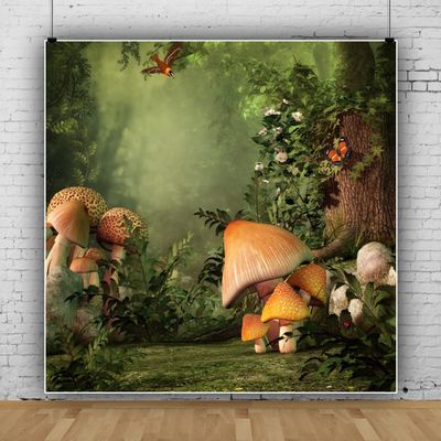 10x10FT Enchanted Forest Photography Backdrop Jungle Fairy Tale Mushroom Plantation Backdrop Butterfly Flowers Green Leaves Full of Romance Children Kids Fancy Birthday Party Decor Backdrops
