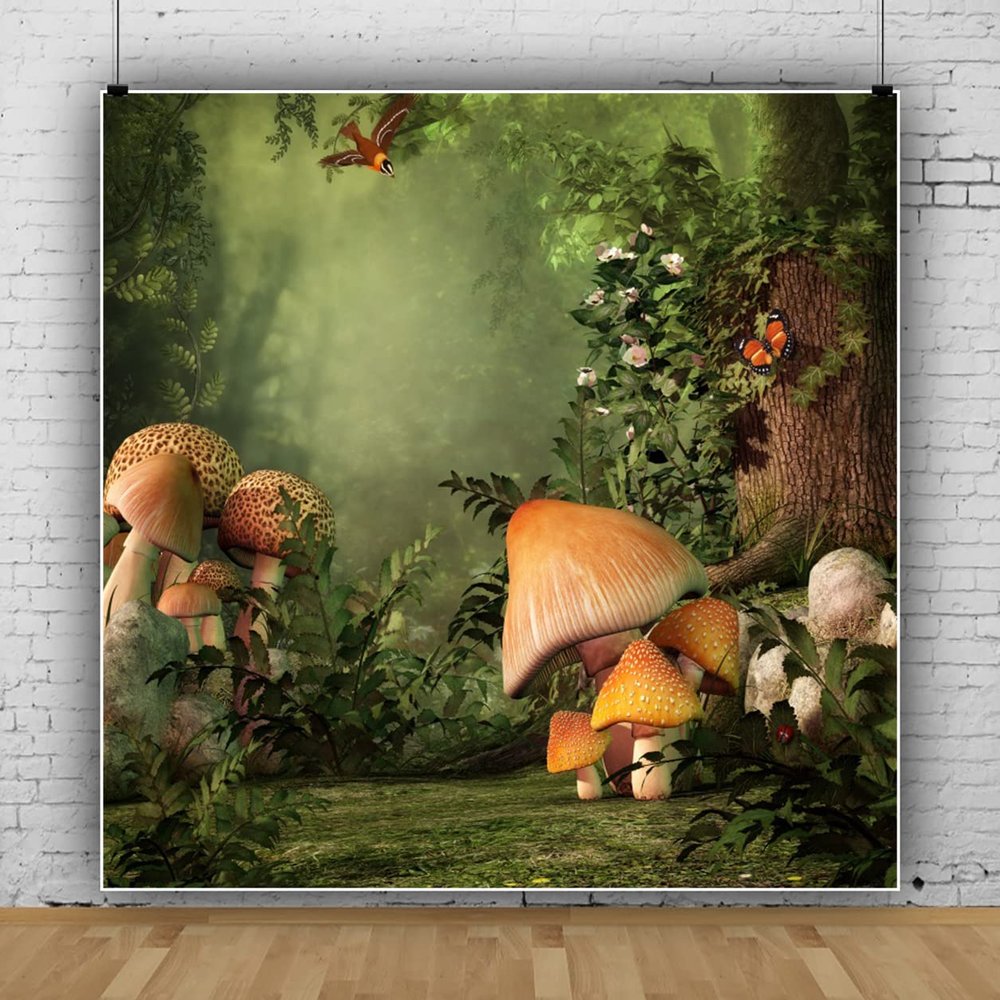 10x10FT Enchanted Forest Photography Backdrop Jungle Fairy Tale Mushroom Plantation Backdrop Butterfly Flowers Green Leaves Full of Romance Children Kids Fancy Birthday Party Decor Backdrops