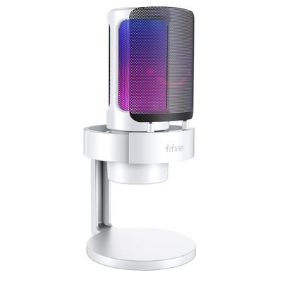 FIFINE Gaming USB PC Computer RGB Microphone for Live Streaming, Meeting, Podcasting, Video, Condenser Mic with Monitoring Headphone Jack, Light Control, for MAC OS/Windows-AmpliGame A8 White