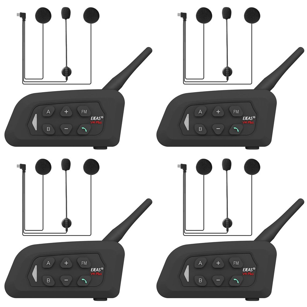 GaiRen V4 Plus Motorcycle Bluetooth Helmet Intercom Headset, 4 Rides Group Communication System for Motorcycling Soccer Referees Skiing ATV/Off Road (4 Pack)