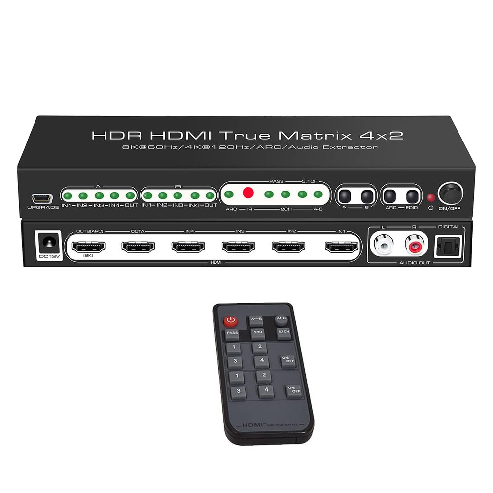 2.1 HDMI Matrix 4x2 8K @ 30HZ 60HZ 4K@ 60HZ 120HZ HDR ARC/CEC Switch Splitter 4 in 2 Out Optical SPDIF 5.1CH + RCA Stereo Audio Extractor HDMI Switcher
