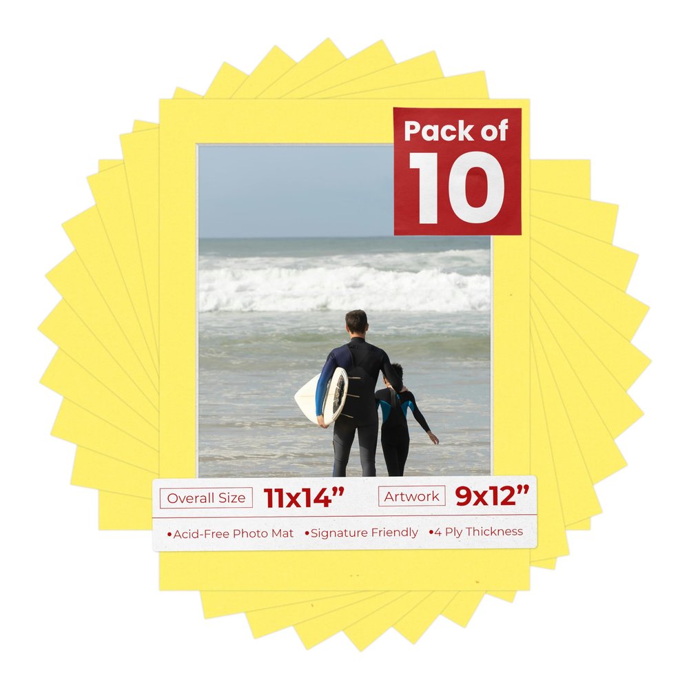 Poster Palooza Pack of Ten 11x14 Mats Bevel Cut for 9x12 Photos - Acid Free Yellow Precut Matboards for Pictures, Photos, Framing - 4-ply Thickness