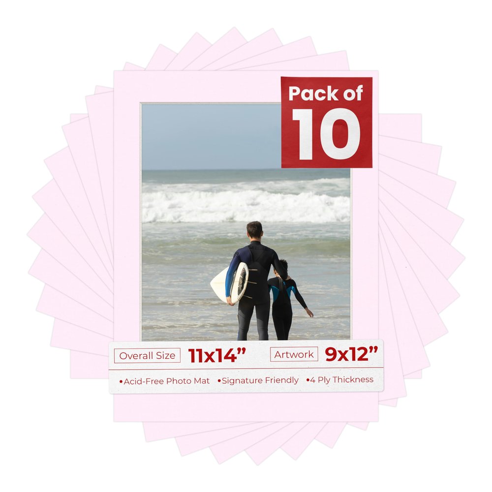 Poster Palooza Pack of Ten 11x14 Mats Bevel Cut for 9x12 Photos - Acid Free Soft Pink Precut Matboards for Pictures, Photos, Framing - 4-ply Thickness