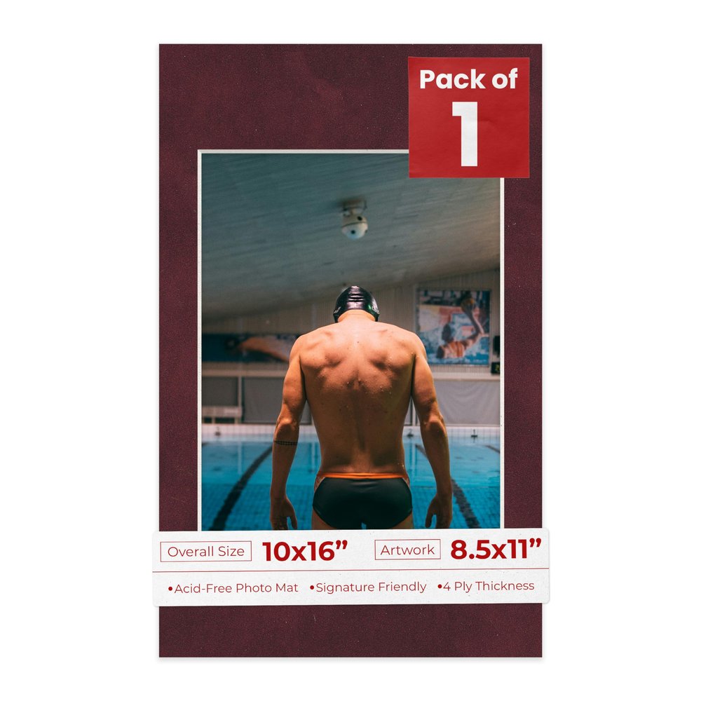10x16 Mat Bevel Cut for 8.5x11 Photos - Acid Free Dark Red Suede Precut Matboard With Backing Board and Crystal Clear, Self Seal Photo Mat Bag - For Pictures, Photos, Framing - 4-ply Thickness