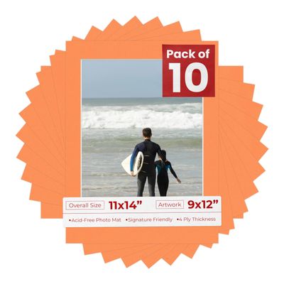 Poster Palooza Pack of Ten 11x14 Mats Bevel Cut for 9x12 Photos - Acid Free Orange Precut Matboards for Pictures, Photos, Framing - 4-ply Thickness