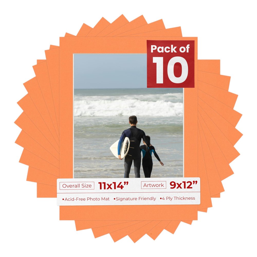 Poster Palooza Pack of Ten 11x14 Mats Bevel Cut for 9x12 Photos - Acid Free Orange Precut Matboards for Pictures, Photos, Framing - 4-ply Thickness