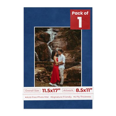 11.5x17 Mat Bevel Cut for 8.5x11 Photos - Acid Free Brooke Blue Suede Precut Matboard With Backing Board and Crystal Clear, Self Seal Photo Mat Bag - For Pictures, Photos, Framing - 4-ply Thickness