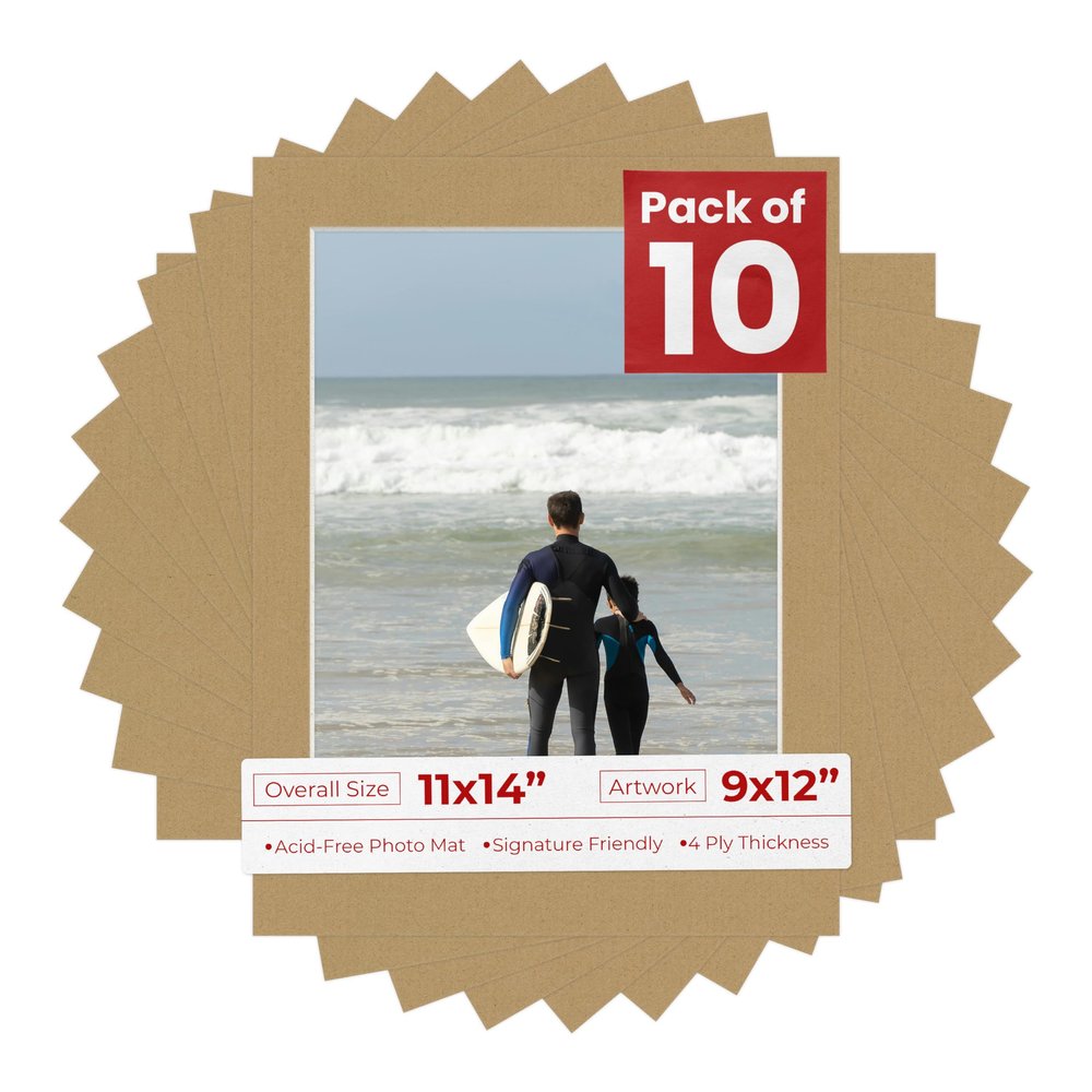 Poster Palooza Pack of Ten 11x14 Mats Bevel Cut for 9x12 Photos - Acid Free Rattan Beige Precut Matboards for Pictures, Photos, Framing - 4-ply Thickness