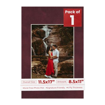 11.5x17 Mat Bevel Cut for 8.5x11 Photos - Acid Free Dark Red Suede Precut Matboard With Backing Board and Crystal Clear, Self Seal Photo Mat Bag - For Pictures, Photos, Framing - 4-ply Thickness