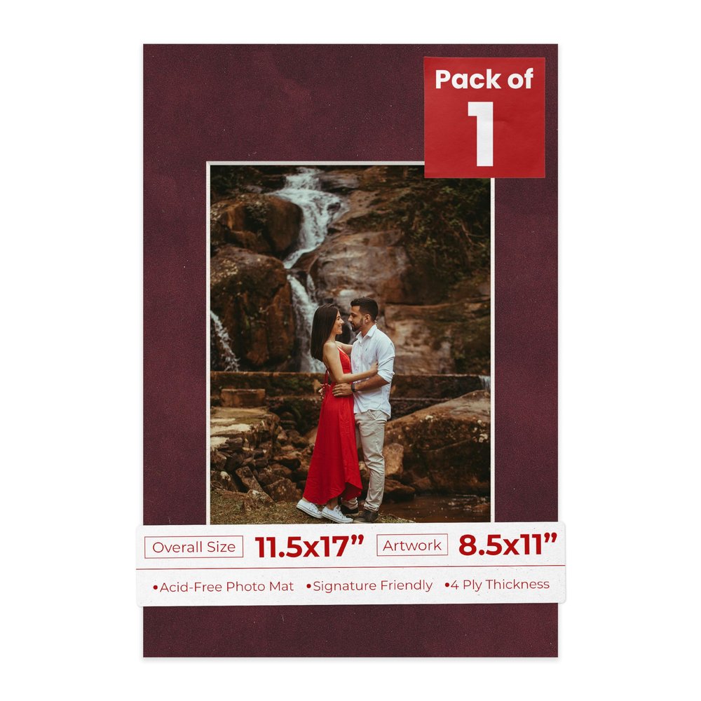 11.5x17 Mat Bevel Cut for 8.5x11 Photos - Acid Free Dark Red Suede Precut Matboard With Backing Board and Crystal Clear, Self Seal Photo Mat Bag - For Pictures, Photos, Framing - 4-ply Thickness