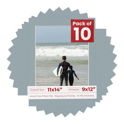 Poster Palooza Pack of Ten 11x14 Mats Bevel Cut for 9x12 Photos - Acid Free Metallic Silver Precut Matboards for Pictures, Photos, Framing - 4-ply Thickness