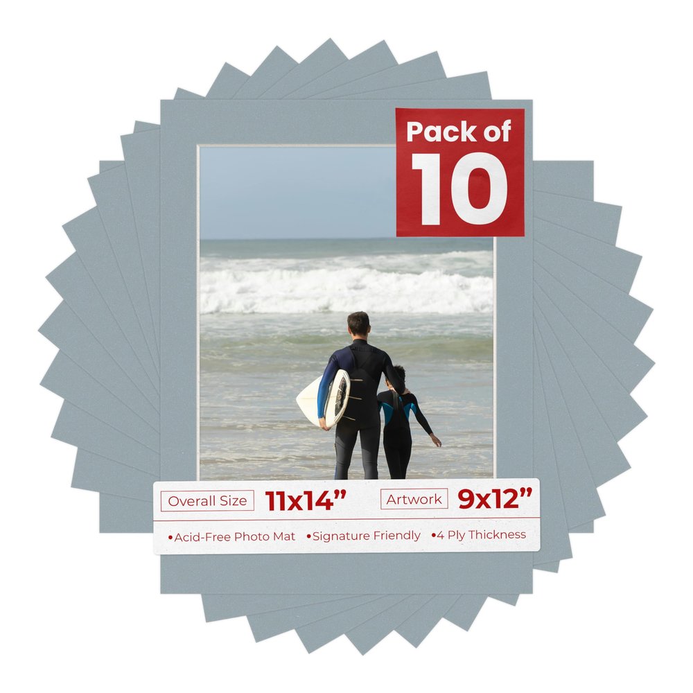 Poster Palooza Pack of Ten 11x14 Mats Bevel Cut for 9x12 Photos - Acid Free Metallic Silver Precut Matboards for Pictures, Photos, Framing - 4-ply Thickness