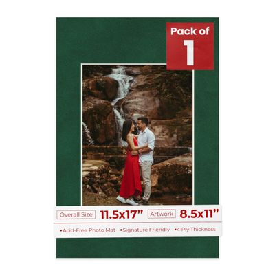 11.5x17 Mat Bevel Cut for 8.5x11 Photos - Acid Free Green Suede Precut Matboard With Backing Board and Crystal Clear, Self Seal Photo Mat Bag - For Pictures, Photos, Framing - 4-ply Thickness