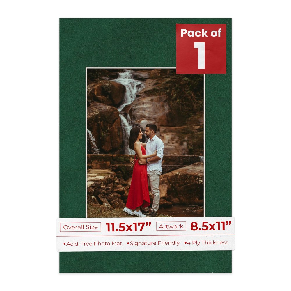11.5x17 Mat Bevel Cut for 8.5x11 Photos - Acid Free Green Suede Precut Matboard With Backing Board and Crystal Clear, Self Seal Photo Mat Bag - For Pictures, Photos, Framing - 4-ply Thickness