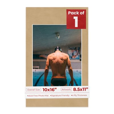 10x16 Mat Bevel Cut for 8.5x11 Photos - Acid Free Beige Suede Precut Matboard With Backing Board and Crystal Clear, Self Seal Photo Mat Bag - For Pictures, Photos, Framing - 4-ply Thickness