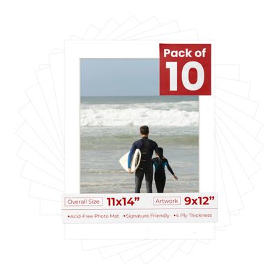 Poster Palooza Pack of Ten 11x14 Mats Bevel Cut for 9x12 Photos - Acid Free Textured White Precut Matboards for Pictures, Photos, Framing - 4-ply Thickness