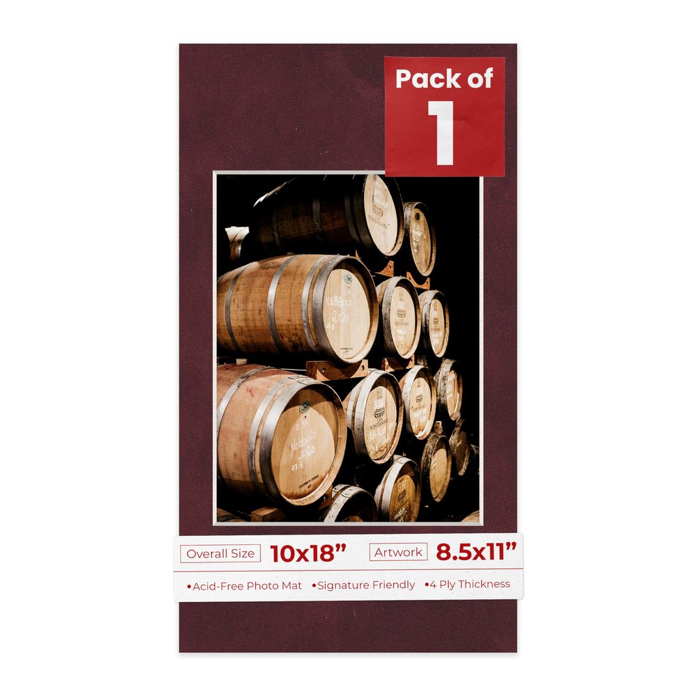 10x18 Mat Bevel Cut for 8.5x11 Photos - Acid Free Dark Red Suede Precut Matboard With Backing Board and Crystal Clear, Self Seal Photo Mat Bag - For Pictures, Photos, Framing - 4-ply Thickness