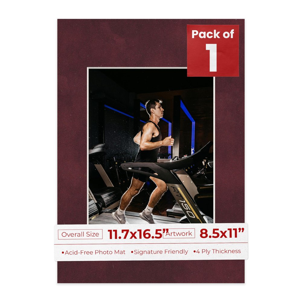 11.7x16.5 Mat Bevel Cut for 8.5x11 Photos - Acid Free Dark Red Suede Precut Matboard With Backing Board and Crystal Clear, Self Seal Photo Mat Bag - For Pictures, Photos, Framing - 4-ply Thickness