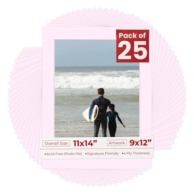 Poster Palooza Pack of 25 Acid Free 11x14 Mats Bevel Cut for 9x12 Photos - Soft Pink Precut Matboards for Pictures, Photos, Framing - 4-ply Thickness
