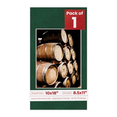 10x18 Mat Bevel Cut for 8.5x11 Photos - Acid Free Green Suede Precut Matboard With Backing Board and Crystal Clear, Self Seal Photo Mat Bag - For Pictures, Photos, Framing - 4-ply Thickness