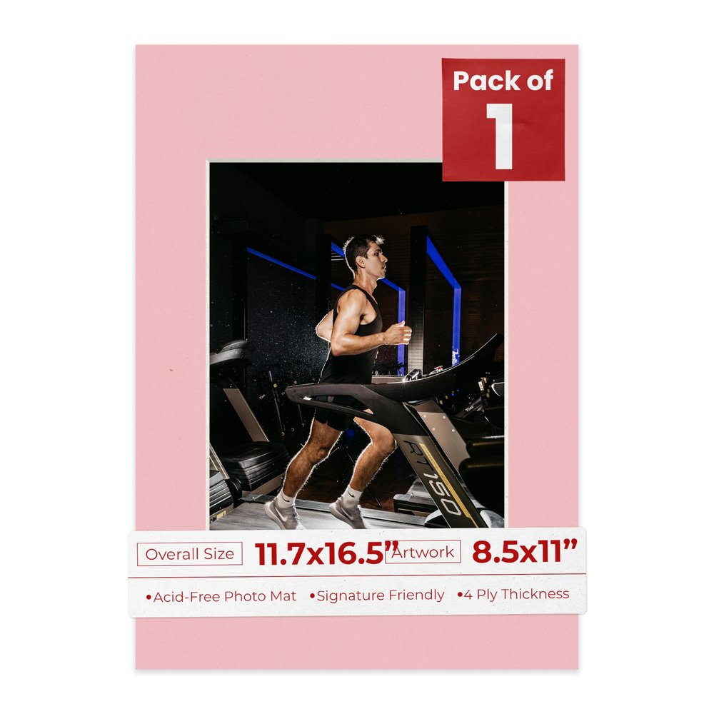 11.7x16.5 Mat Bevel Cut for 8.5x11 Photos - Acid Free Pink Precut Matboard With Backing Board and Crystal Clear, Self Seal Photo Mat Bag - For Pictures, Photos, Framing - 4-ply Thickness