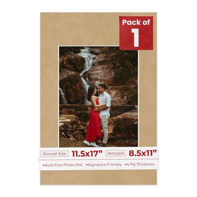 11.5x17 Mat Bevel Cut for 8.5x11 Photos - Acid Free Beige Suede Precut Matboard With Backing Board and Crystal Clear, Self Seal Photo Mat Bag - For Pictures, Photos, Framing - 4-ply Thickness