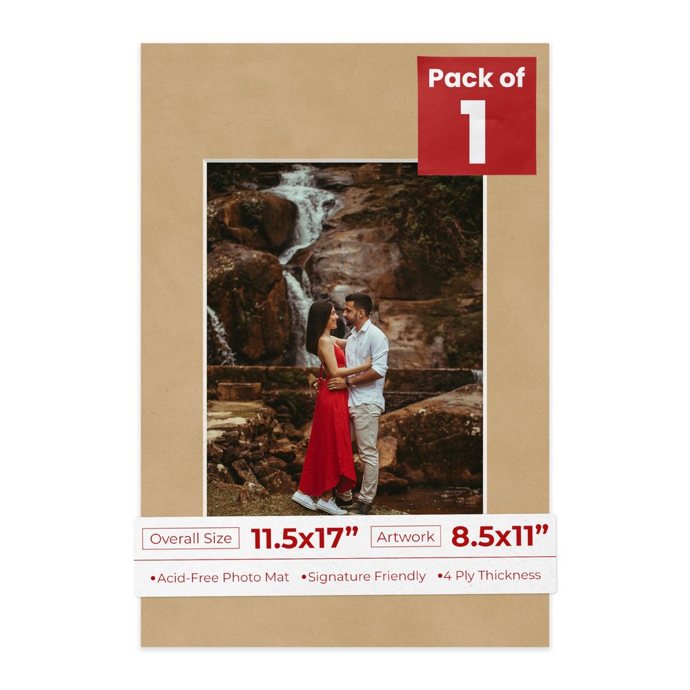 11.5x17 Mat Bevel Cut for 8.5x11 Photos - Acid Free Beige Suede Precut Matboard With Backing Board and Crystal Clear, Self Seal Photo Mat Bag - For Pictures, Photos, Framing - 4-ply Thickness