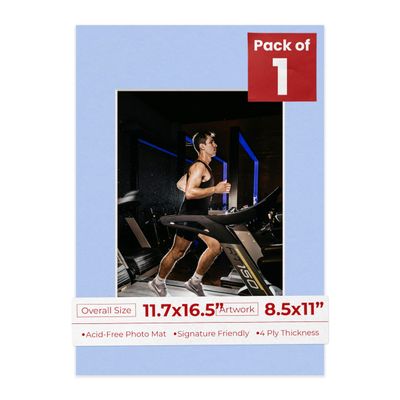 11.7x16.5 Mat Bevel Cut for 8.5x11 Photos - Acid Free Baby Blue Precut Matboard With Backing Board and Crystal Clear, Self Seal Photo Mat Bag - For Pictures, Photos, Framing - 4-ply Thickness