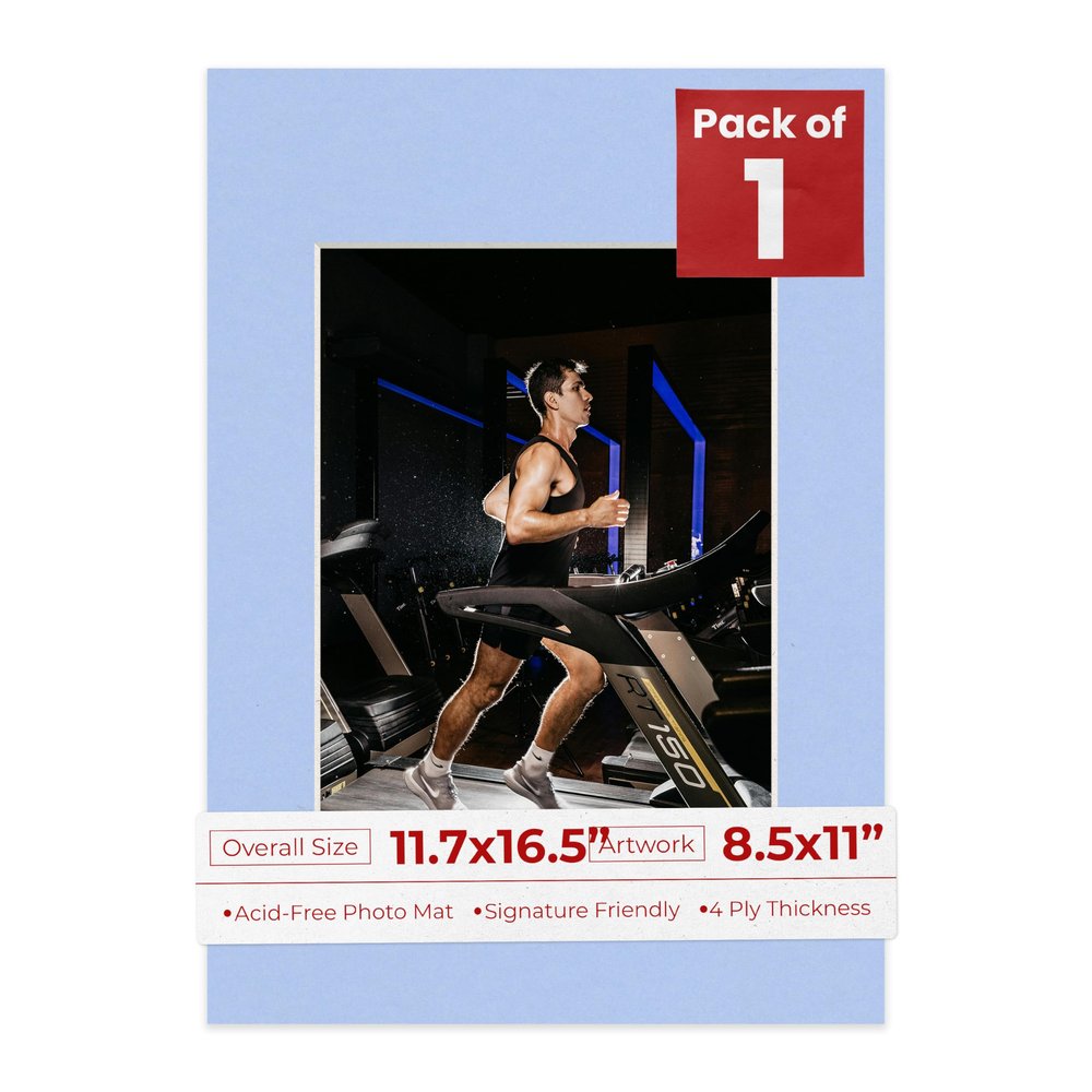 11.7x16.5 Mat Bevel Cut for 8.5x11 Photos - Acid Free Baby Blue Precut Matboard With Backing Board and Crystal Clear, Self Seal Photo Mat Bag - For Pictures, Photos, Framing - 4-ply Thickness