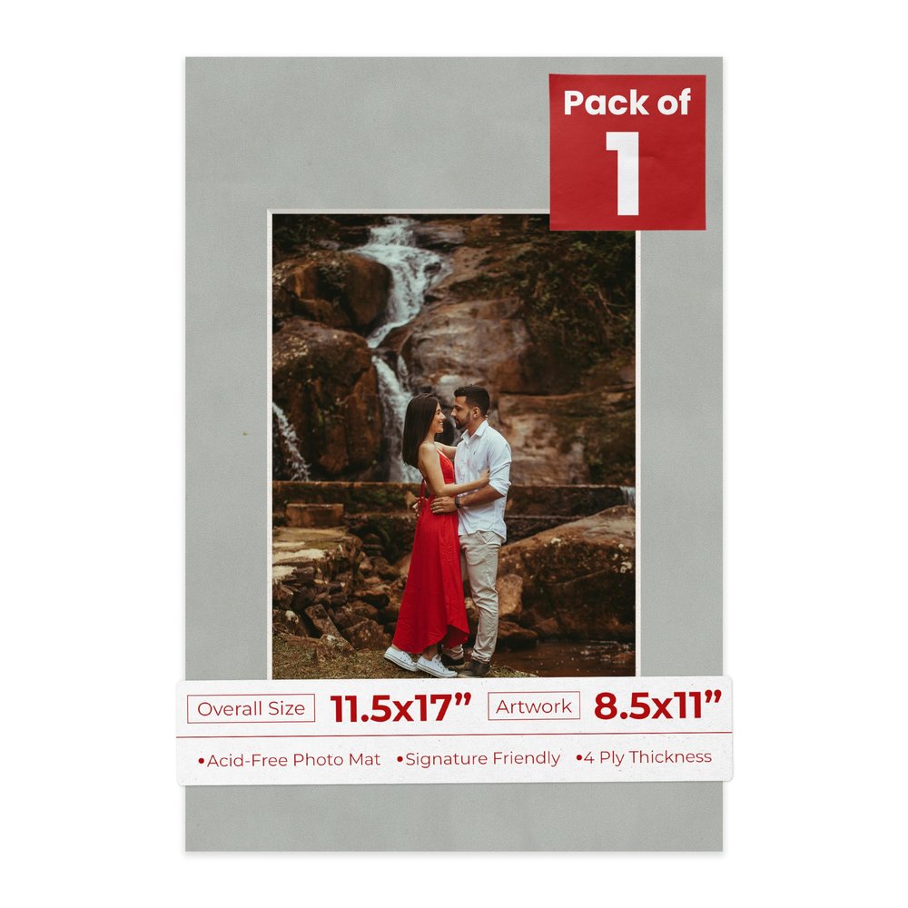 11.5x17 Mat Bevel Cut for 8.5x11 Photos - Acid Free Light Grey Suede Precut Matboard With Backing Board and Crystal Clear, Self Seal Photo Mat Bag - For Pictures, Photos, Framing - 4-ply Thickness