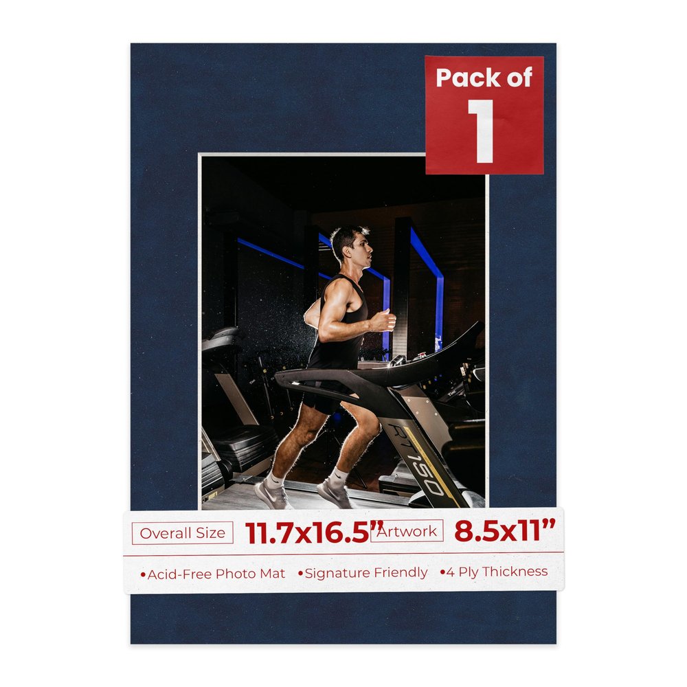 11.7x16.5 Mat Bevel Cut for 8.5x11 Photos - Acid Free Navy Suede Precut Matboard With Backing Board and Crystal Clear, Self Seal Photo Mat Bag - For Pictures, Photos, Framing - 4-ply Thickness