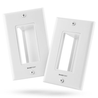 BASEPORT Recessed Cable Wall Plate for Behind Wall Cable Management - White Wall Plate Cable Pass Through with Low Voltage Mounting Bracket to Hide TV Cords for Wall Mount TV, Side Opening, 2 pack