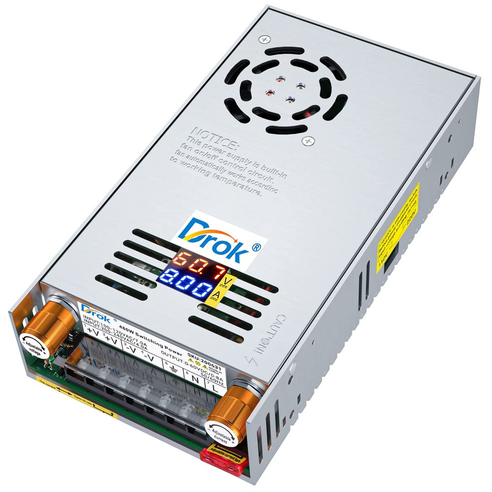 DROK 60V Power Supply, AC 110V 220V to DC 0-60V 0-8A 480W Buck Converter, Amp Adjustable Adapter Regulated 12V 24V 36V 48V 60Volt Switching Voltage LED Transformer Charger for Computer CCTV Lab