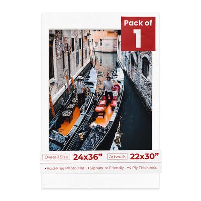 24x36 Mat Bevel Cut for 22x30 Photos - Acid Free White with Black Core Precut Matboard With Backing Board and Crystal Clear, Self Seal Photo Mat Bag - For Pictures, Photos, Framing - 4-ply Thickness