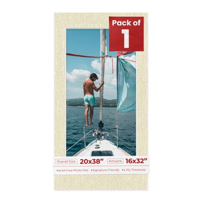 20x38 Mat Bevel Cut for 16x32 Photos - Acid Free Fresh Linen Canvas Precut Matboard With Backing Board and Crystal Clear, Self Seal Photo Mat Bag - For Pictures, Photos, Framing - 4-ply Thickness