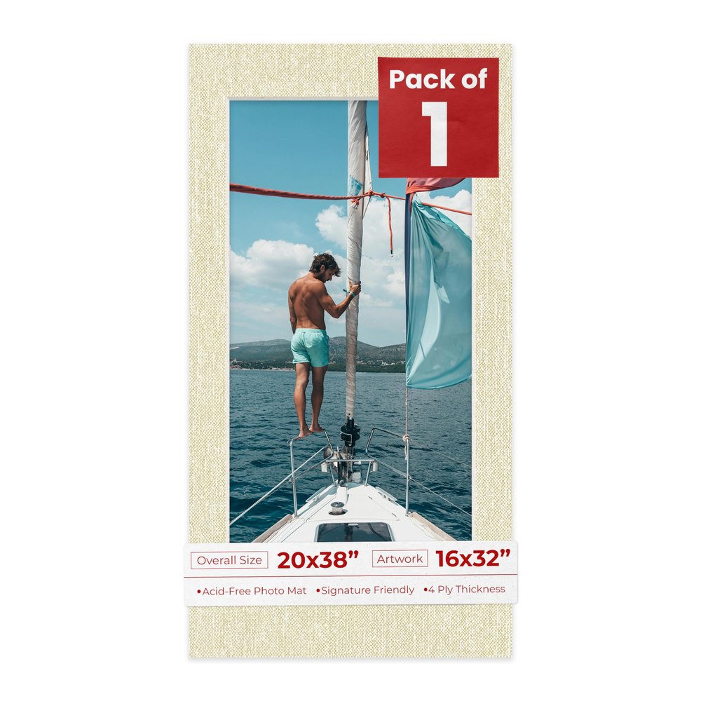 20x38 Mat Bevel Cut for 16x32 Photos - Acid Free Fresh Linen Canvas Precut Matboard With Backing Board and Crystal Clear, Self Seal Photo Mat Bag - For Pictures, Photos, Framing - 4-ply Thickness