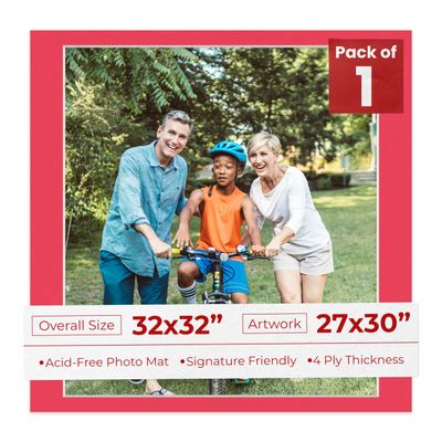 32x32 Mat Bevel Cut for 27x30 Photos - Acid Free Cardinal Red Precut Matboard With Backing Board and Crystal Clear, Self Seal Photo Mat Bag - For Pictures, Photos, Framing - 4-ply Thickness