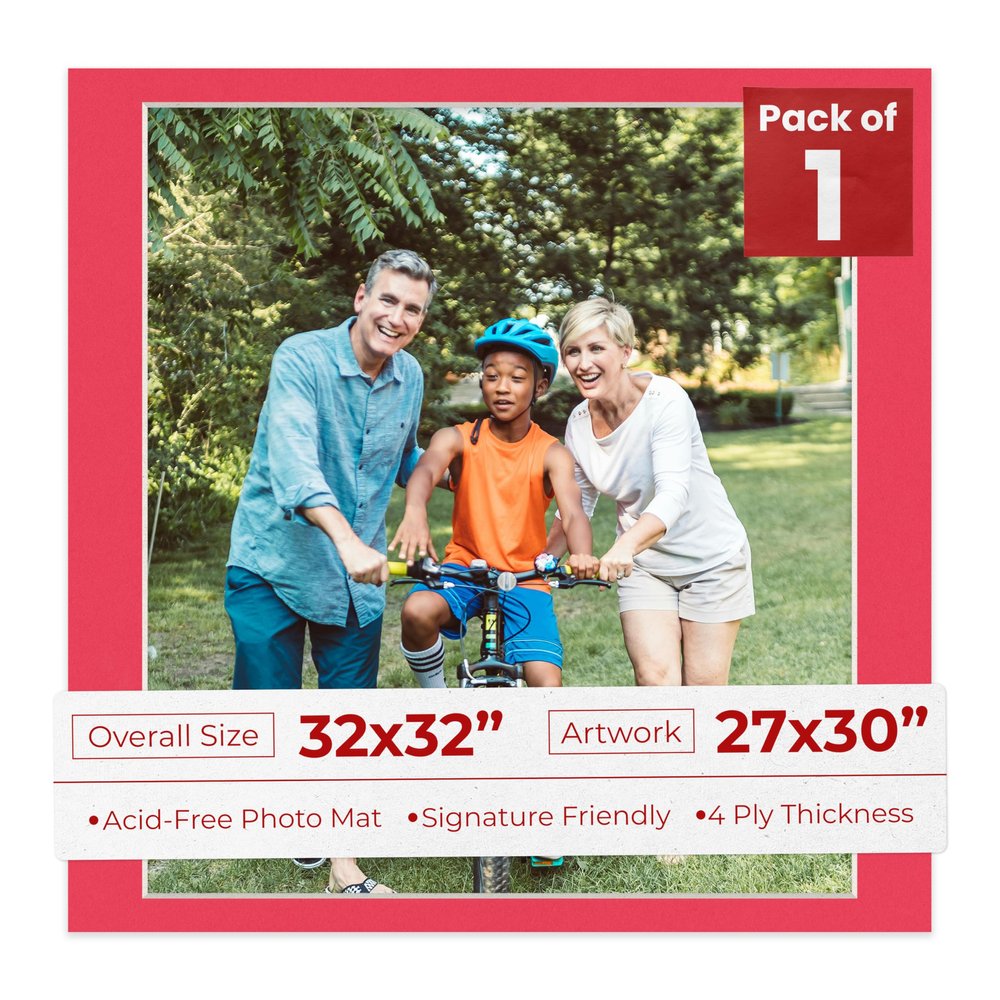 32x32 Mat Bevel Cut for 27x30 Photos - Acid Free Cardinal Red Precut Matboard With Backing Board and Crystal Clear, Self Seal Photo Mat Bag - For Pictures, Photos, Framing - 4-ply Thickness