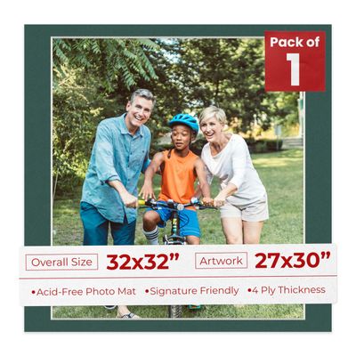 32x32 Mat Bevel Cut for 27x30 Photos - Acid Free Forest Green Precut Matboard With Backing Board and Crystal Clear, Self Seal Photo Mat Bag - For Pictures, Photos, Framing - 4-ply Thickness