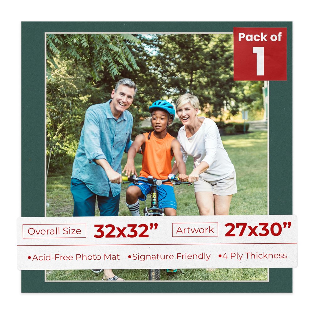 32x32 Mat Bevel Cut for 27x30 Photos - Acid Free Forest Green Precut Matboard With Backing Board and Crystal Clear, Self Seal Photo Mat Bag - For Pictures, Photos, Framing - 4-ply Thickness