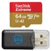 SanDisk Extreme 64GB V30 A2 microSDXC Memory Card for DJI Drones Works with Mini 3 Pro, Mini 3, DJI RC (SDSQXA2-064G-GN6MN) Class 10 Bundle with (1) Everything But Stromboli Micro SD Card Reader view 1