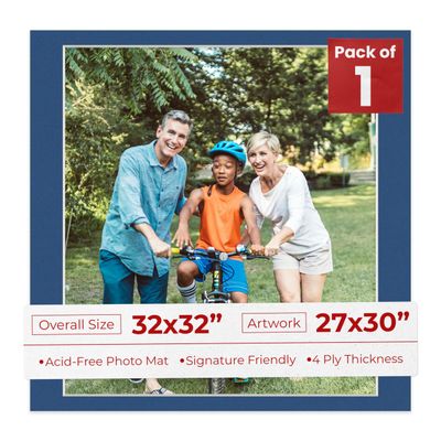 32x32 Mat Bevel Cut for 27x30 Photos - Acid Free Bottle Blue Precut Matboard With Backing Board and Crystal Clear, Self Seal Photo Mat Bag - For Pictures, Photos, Framing - 4-ply Thickness