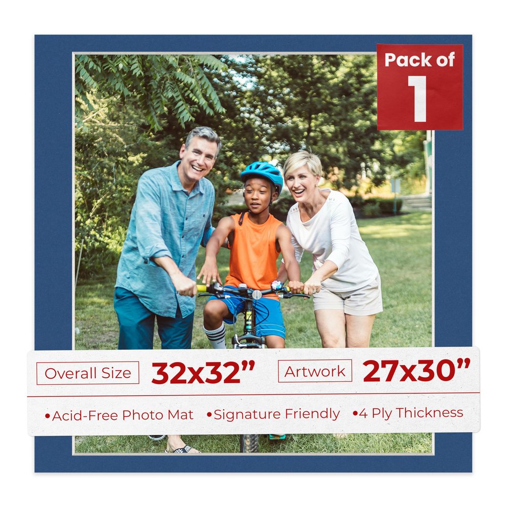 32x32 Mat Bevel Cut for 27x30 Photos - Acid Free Bottle Blue Precut Matboard With Backing Board and Crystal Clear, Self Seal Photo Mat Bag - For Pictures, Photos, Framing - 4-ply Thickness