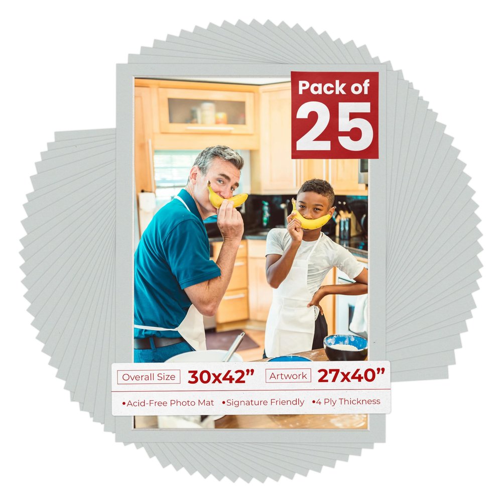 Poster Palooza Pack of 25 Acid Free 30x42 Mats Bevel Cut for 27x40 Photos - Grey Precut Matboards With Backing Boards and Clear Photo Mat Bags For Pictures, Photos, Framing - 4-ply Thickness