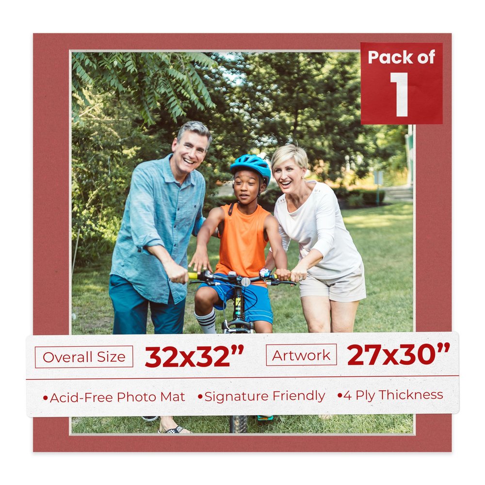 32x32 Mat Bevel Cut for 27x30 Photos - Acid Free Brick Red Precut Matboard With Backing Board and Crystal Clear, Self Seal Photo Mat Bag - For Pictures, Photos, Framing - 4-ply Thickness
